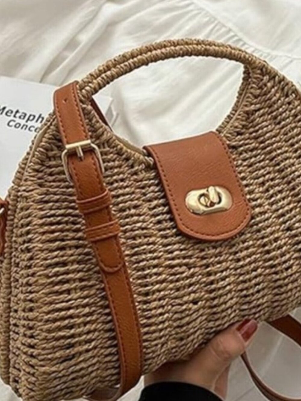 Women's Straw Hand Woven Top Handle Crossbody Tote Bag Summer Beach Purse - Picture 3 of 8